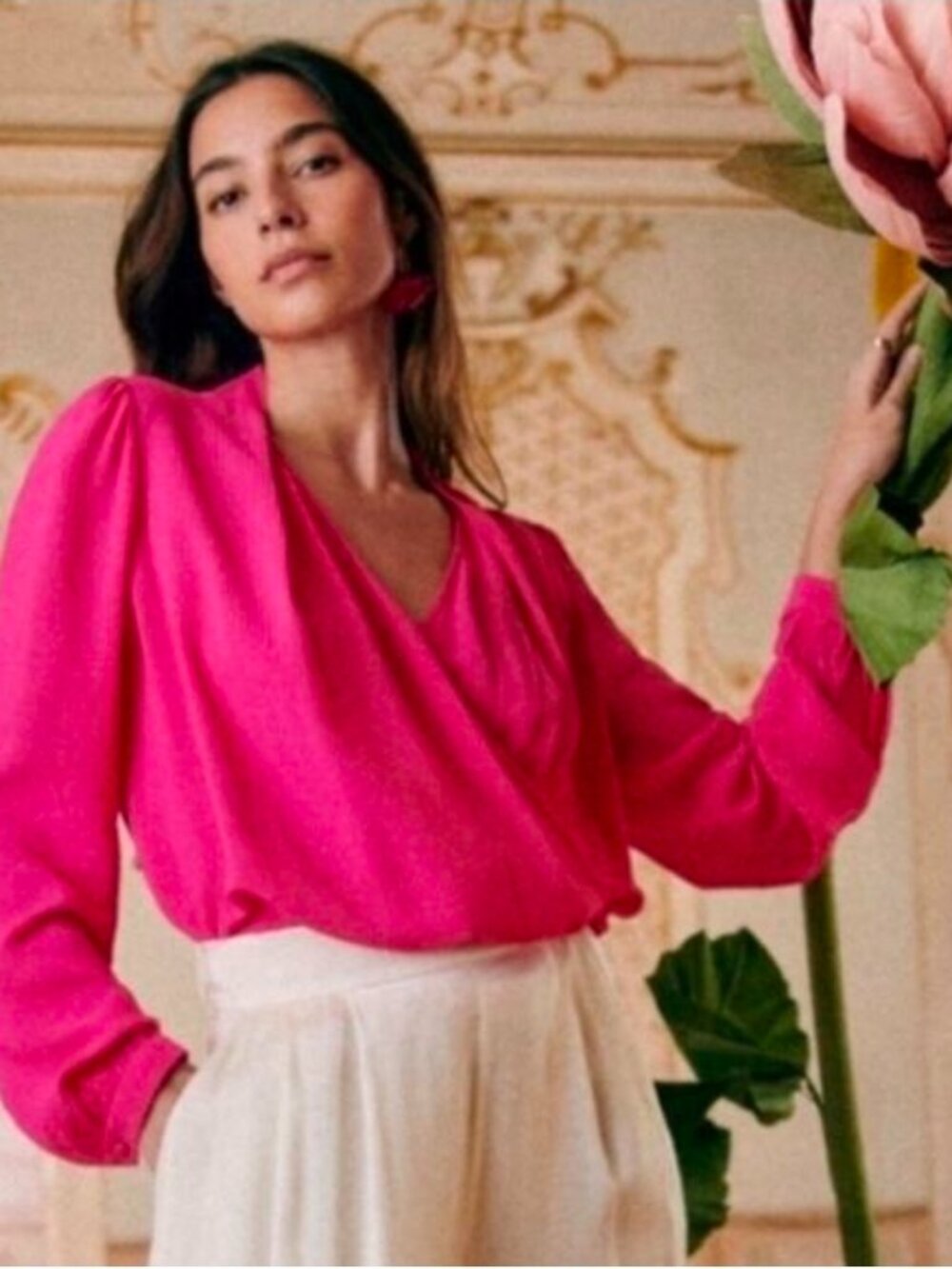 Sezane Abelia Faux Wrap Blouse in Fuschia Pink Size 6